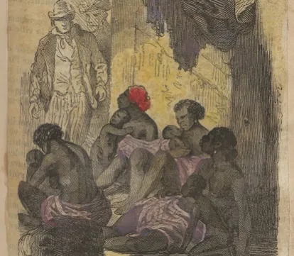 Dessin figurant un homme blanc face à des femmes noires probablement dans une cale de navire négrier