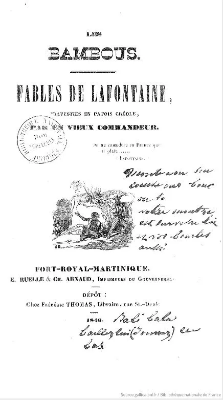 Première page du livre Les Bambous, traduction en créole des fables de La Fontaine