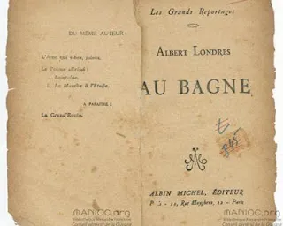 Photographie de la double page titre du livre Au bagne d'Albert Londres