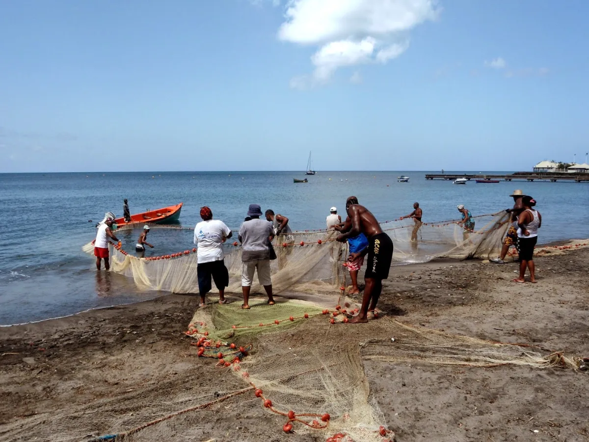 Photographie représentant des pêcheurs en bord de mer