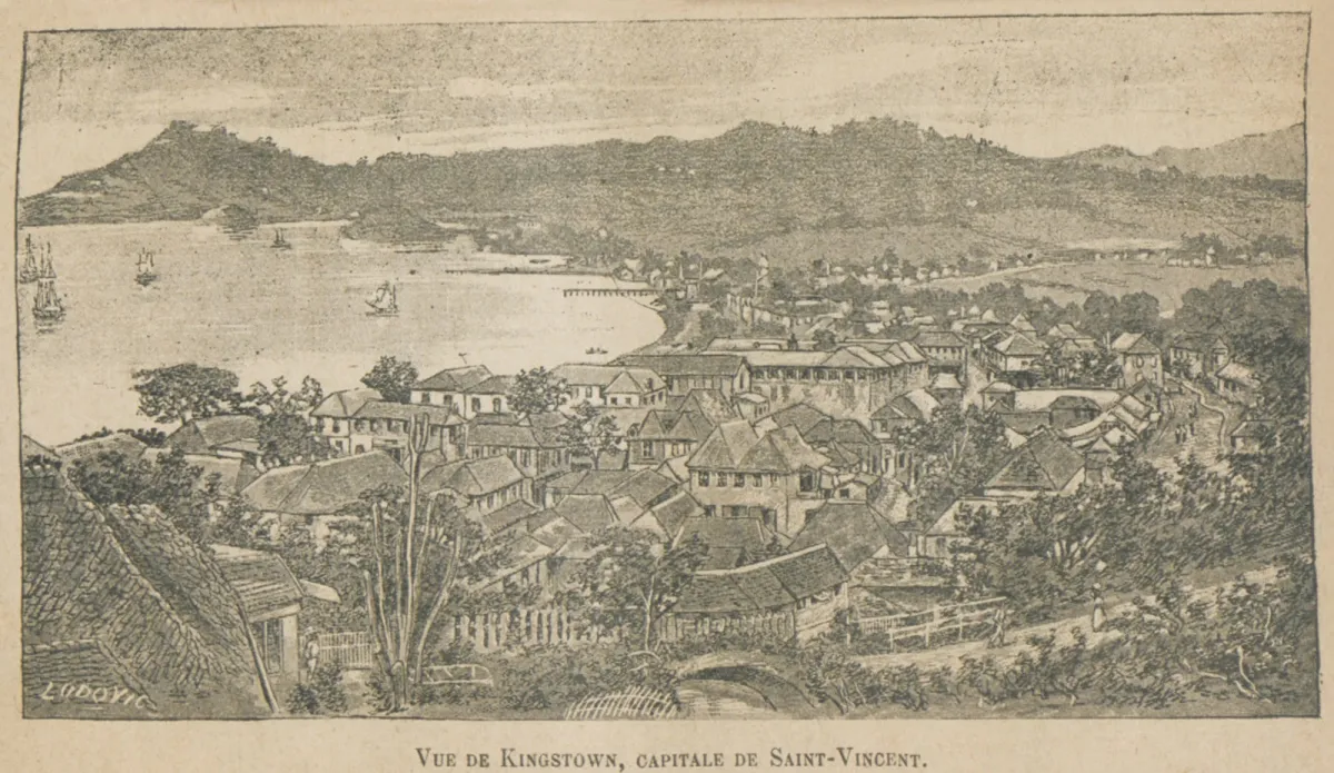 Dessin de vue de Kingstown, capitale de Saint-Vincent