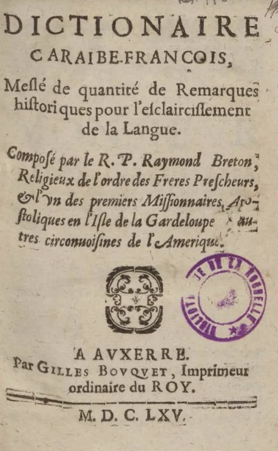 Couverture du dictionnaire caraïbe-françois