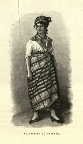 Gravure représentant une mulâtresse de Cayenne en tenue traditionnelle