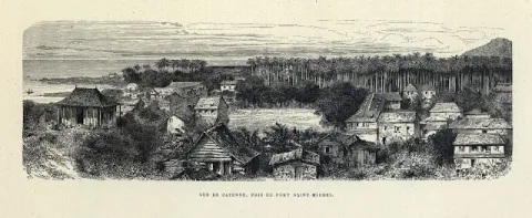 Gravure d'une vue de Cayenne, prise du Fort Saint Michel