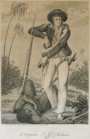 Illustration représentant le capitaine John Gabriel Stedman un esclave marron abattu à ses pieds.