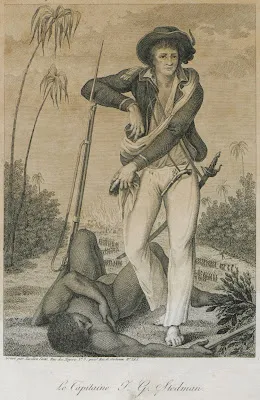Illustration représentant le capitaine anglo-hollandais John Gabriel Stedman(1744-1797),un esclave marron abattu à ses pieds