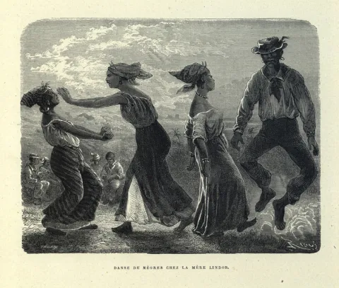 Illustration représentant des femmes et un homme noirs de Guyane dansant chez la mère Lindor, sur les rives de l'Oyapock