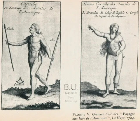 Gravure présentant des Amériendiens à gauche un homme avec sa flèche et son arc et à droite une femme avec des bijoux