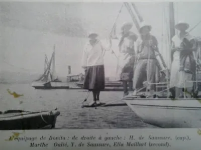 Équipage de Bonita : de droite à gauche : H. de Saussure, Marthe Oulié, Y. de Saussure, Ella Maillard